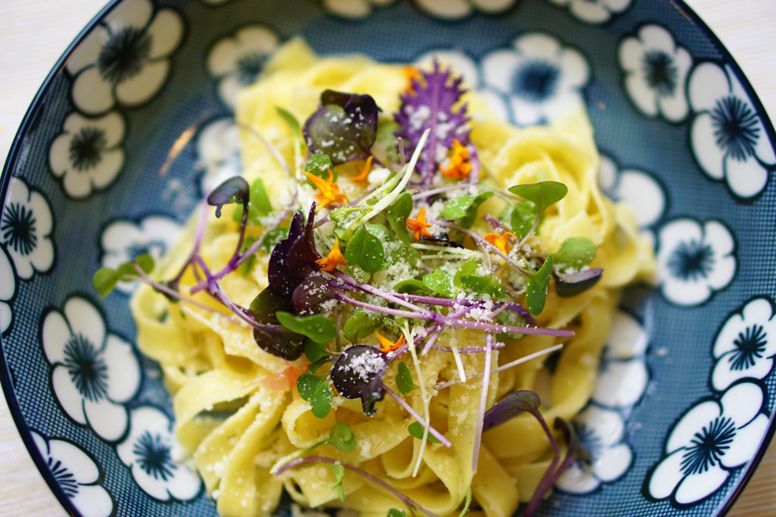 Pasta dish on blue plate